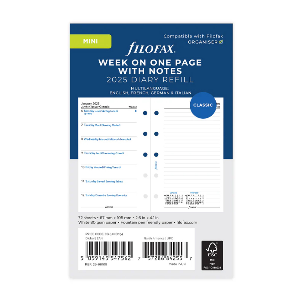 Filofax Week on One Page Diary with Notes Mini 2025 Multilanguage